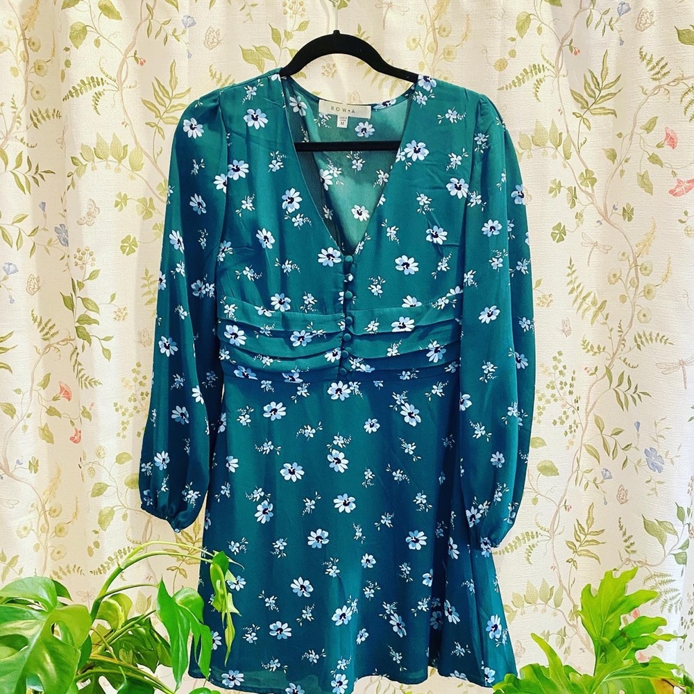 Row A long sleeve teal floral dress